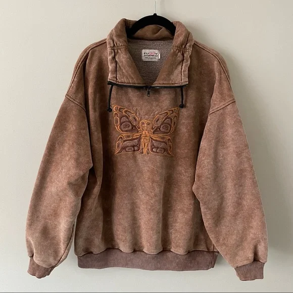 Vintage Fuzzy Stone Wash Native Art Brown Sweatshirt Womens Medium - Picture 2 of 5